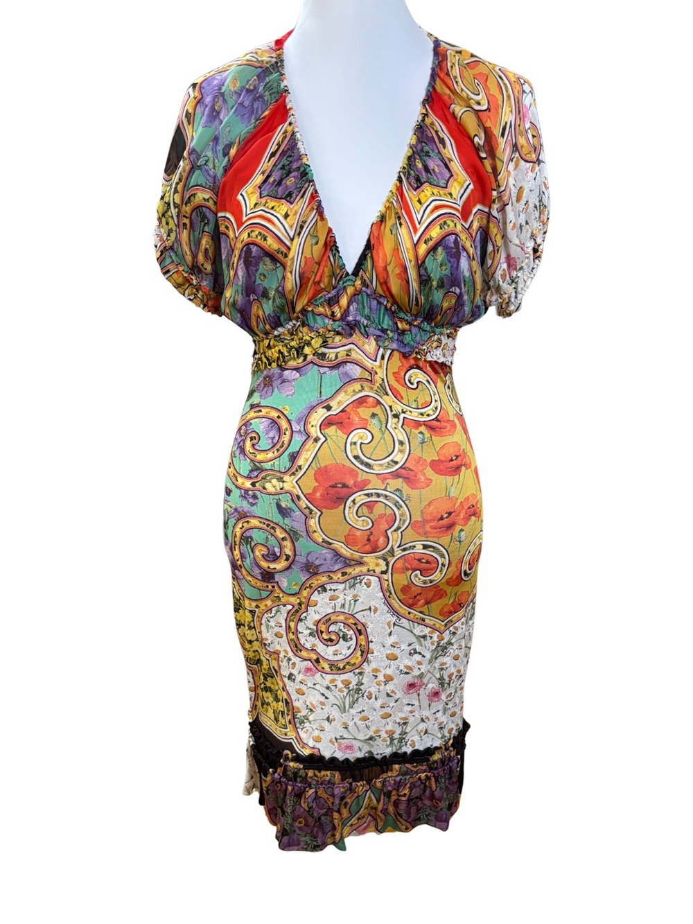 Vintage Roberto Cavalli 2007/08 Floral Patchwork Off Shoulder Dress S/M